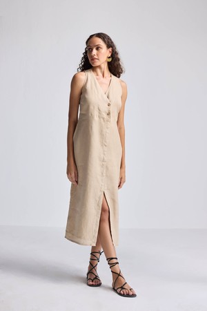 Straight Dress with Front Slit in Neutral Beige Hemp from Reistor