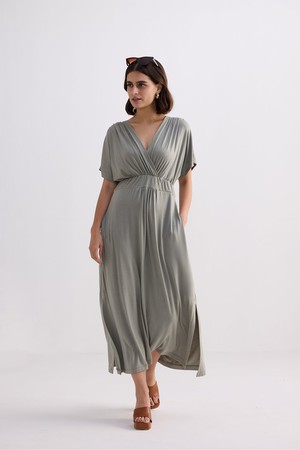 Flowy A-Line Maxi Dress with Side Slits in Light Olive from Reistor