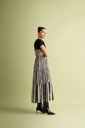 Strappy Tiered Maxi Dress in Black Stripes from Reistor