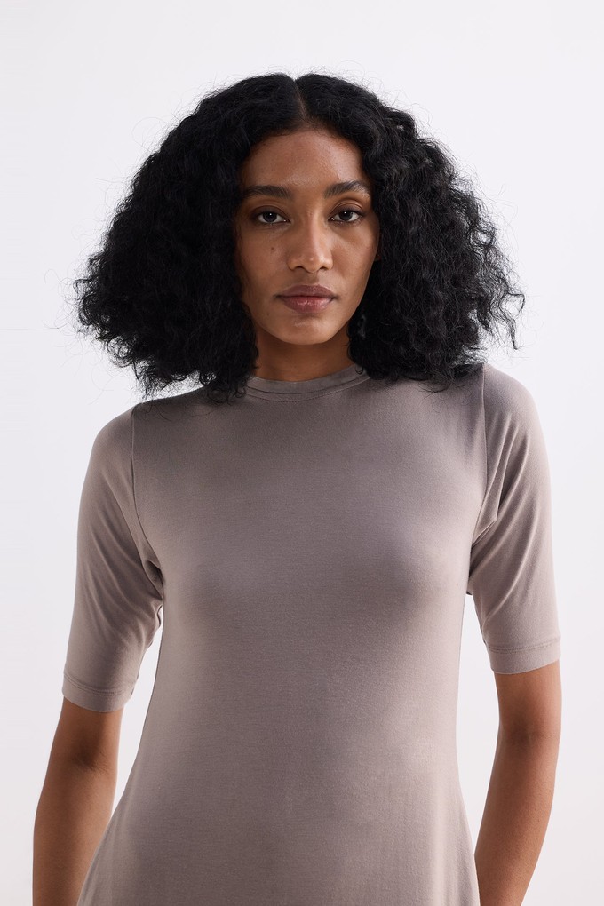 High Crew Neck Elbow Sleeves Fitted Dress in Dusty Brown from Reistor