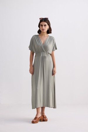 Flowy A-Line Maxi Dress with Side Slits in Light Olive from Reistor