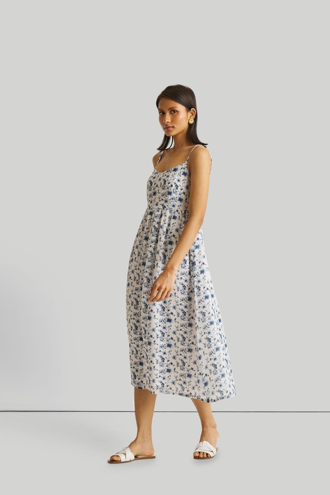 Strappy Gathered Blue Floral Midi Dress from Reistor