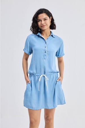 Drawstring Denim Shirt Dress with Front Buttons in Blue from Reistor