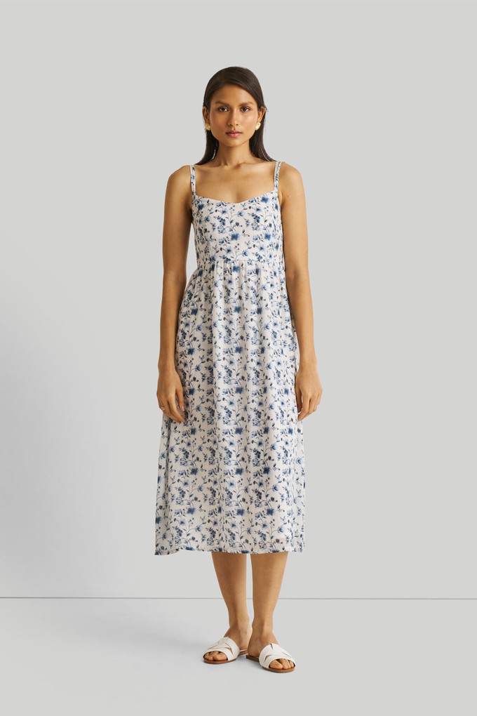 Strappy Gathered Blue Floral Midi Dress from Reistor