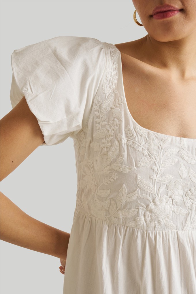 Puff Sleeve Embroidered Tiered Dress in White from Reistor