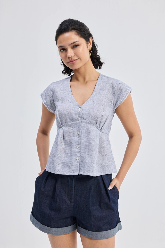 Deep V-neck short top in  Linen Stripes from Reistor