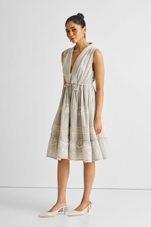 Embroidered Drawstring Gathered Dress in Grey from Reistor