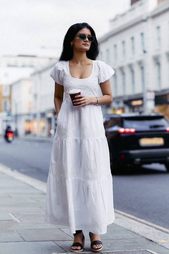 Puff Sleeve Embroidered Tiered Dress in White from Reistor