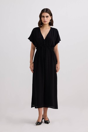 V-neck Gathered Maxi Dress in Black from Reistor