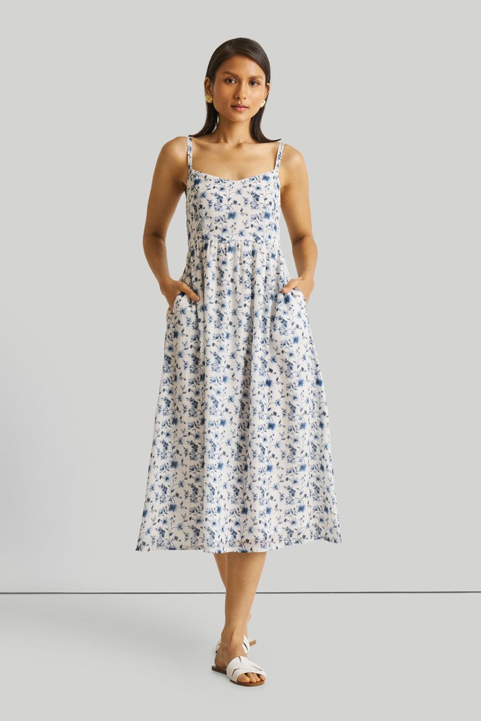 Strappy Gathered Blue Floral Midi Dress from Reistor