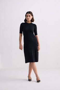 High Crew Neck Elbow Sleeves Fitted Dress in Black via Reistor