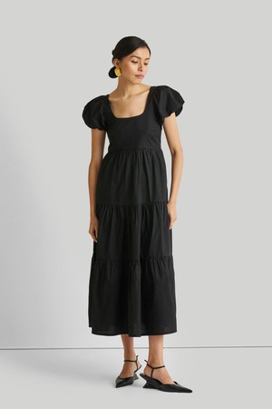 Puff Sleeve Tiered Maxi Dress in Black from Reistor