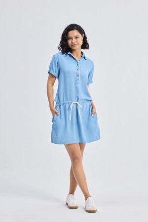 Drawstring Denim Shirt Dress with Front Buttons in Blue from Reistor