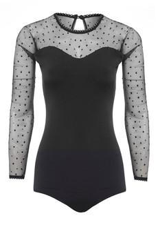 Long Sleeve Glitter Mesh Bodysuit via Sarvin