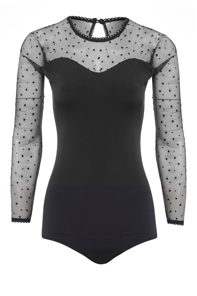 Long Sleeve Glitter Mesh Bodysuit from Sarvin