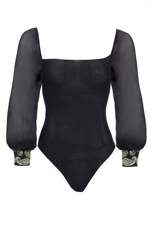 Black Mesh Bodysuit Long Sleeve from Sarvin