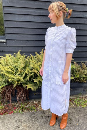 Rosa Puff Sleeve Shirtdress, White Cotton Pinstripe from Saywood.