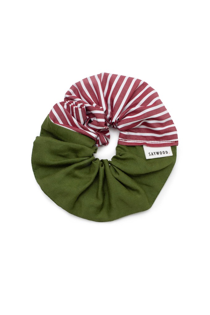 Patchwork Scrunchie, Olive Green & Berry Red Stripe from Saywood.