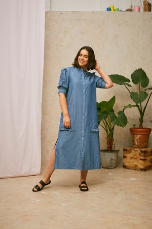 Rosa Puff Sleeve Shirtdress, Blue Light Wash Japanese Denim from Saywood.