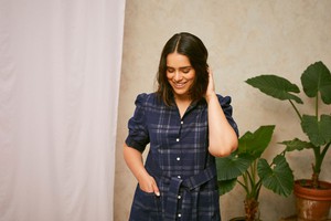 Rosa Puff Sleeve Shirtdress, Navy Check Deadstock Cotton from Saywood.