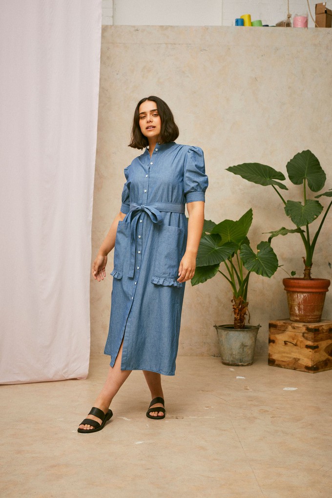 Rosa Puff Sleeve Shirtdress, Blue Light Wash Japanese Denim from Saywood.