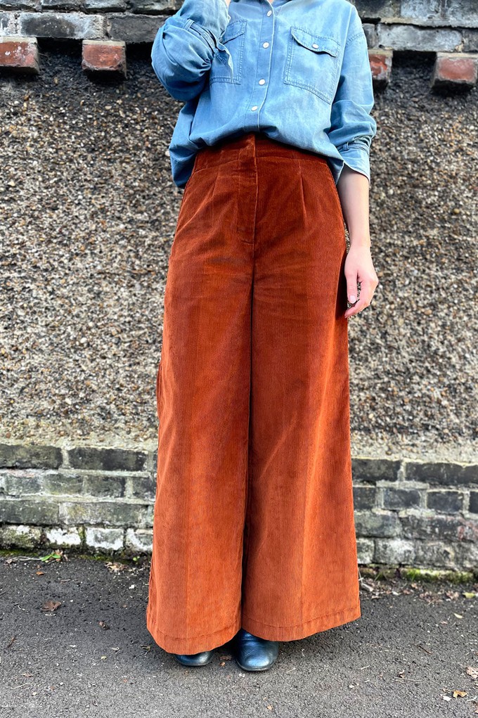 Amelia Full Length Wide Leg Trouser in Caramel Organic Cotton Corduroy from Saywood.