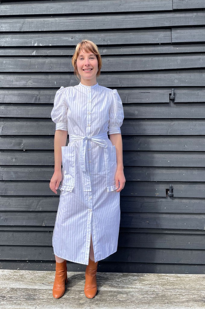 Rosa Puff Sleeve Shirtdress, White Cotton Pinstripe from Saywood.