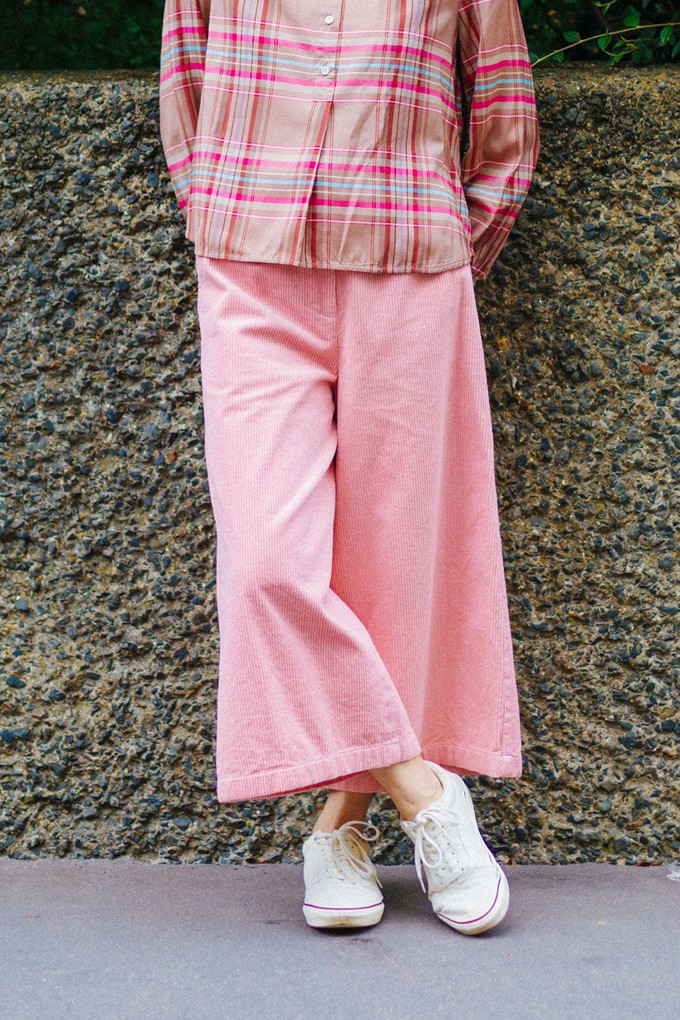 Amelia Wide Leg Culotte Trouser, Pink Corduroy Cotton from Saywood.