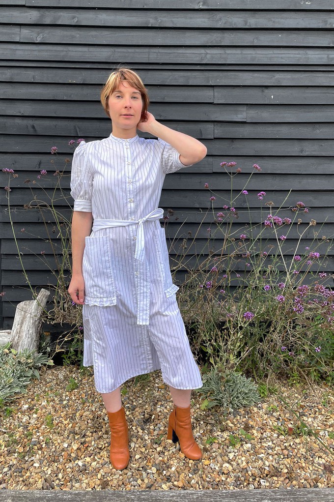 Rosa Puff Sleeve Shirtdress, White Cotton Pinstripe from Saywood.