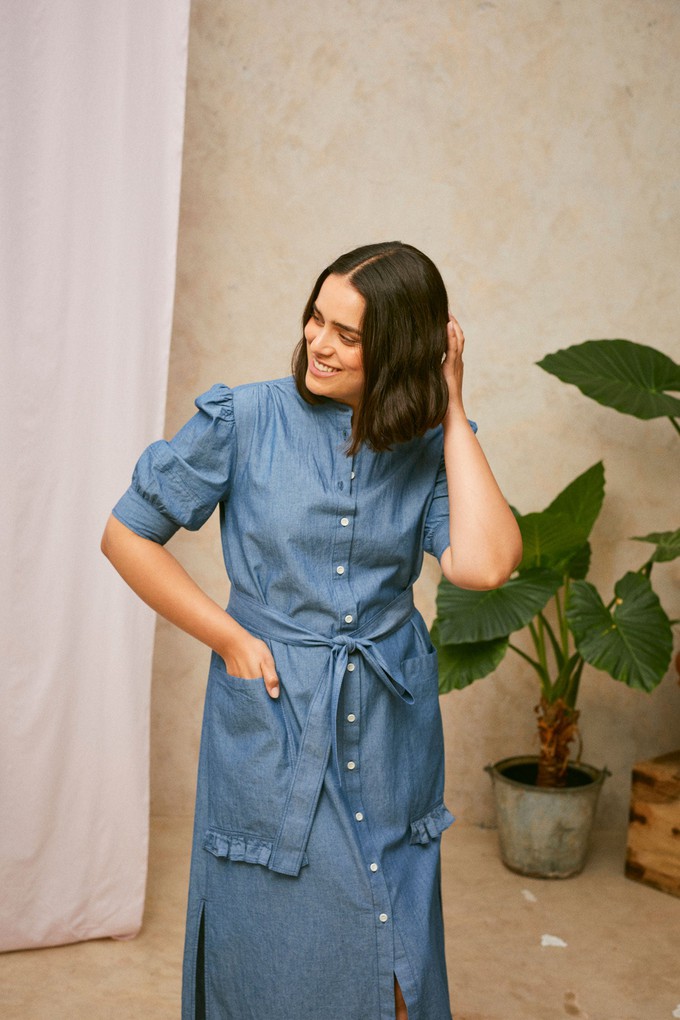 Rosa Puff Sleeve Shirtdress, Blue Light Wash Japanese Denim from Saywood.