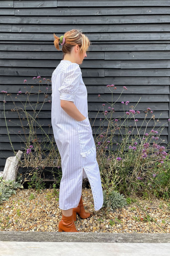 Rosa Puff Sleeve Shirtdress, White Cotton Pinstripe from Saywood.