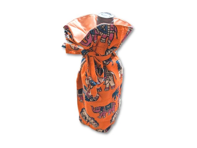 Reusable Kalamkari Cotton Pouch, Bottle Gift Bag, Orange from Shakti.ism