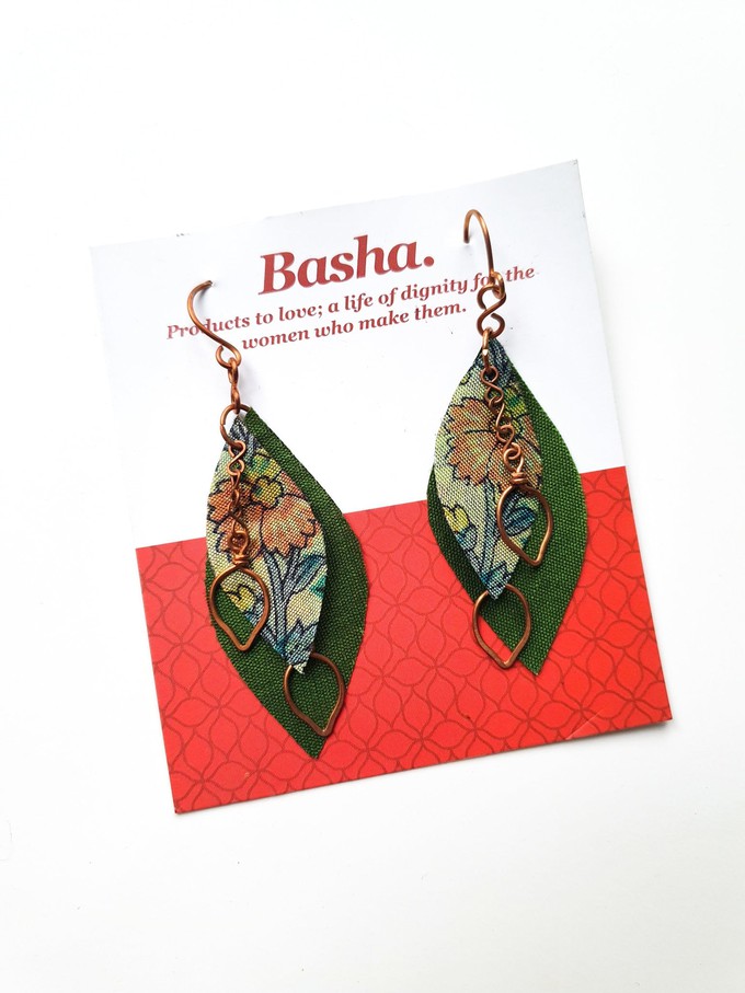 Handcrafted reclaimed sari earrings, copper leaf earrings from Shakti.ism