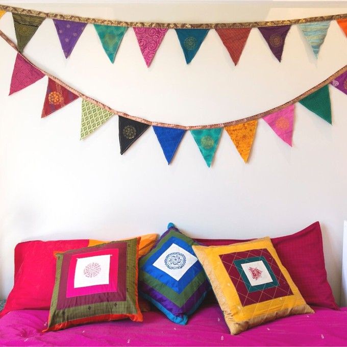 Upcycled sari flags, reusable sari bunting from Shakti.ism