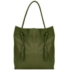 Olive Green Drawcord Leather Hobo Shoulder Bag via Sostter