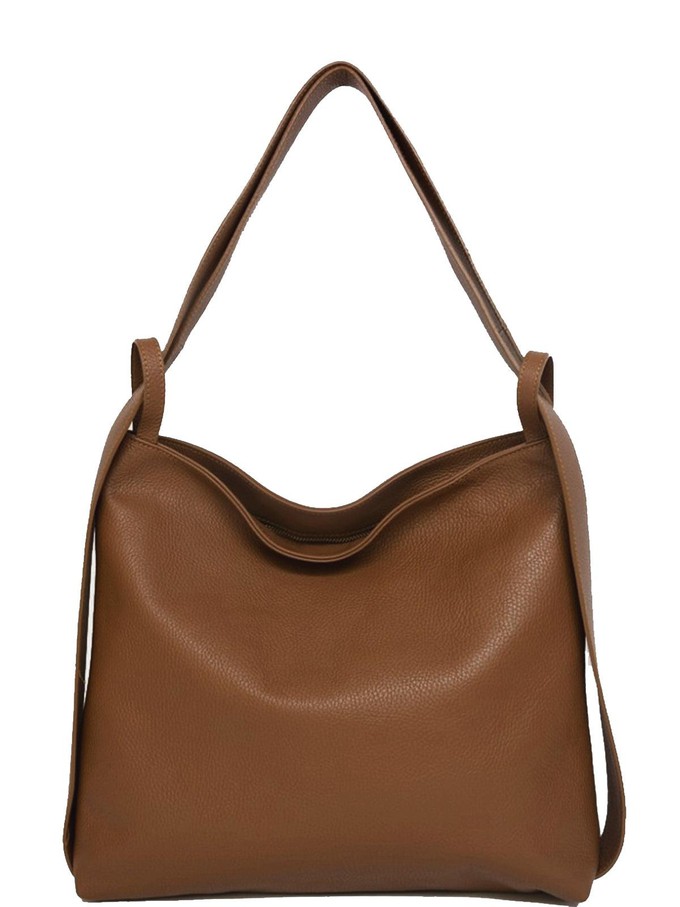 Dark Tan Pebbled Leather Convertible Tote Backpack from Sostter