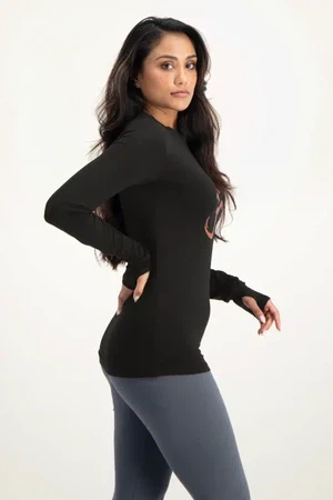 Karuna OM Longsleeve Yoga Shirt – Onyx Black from Urban Goddess