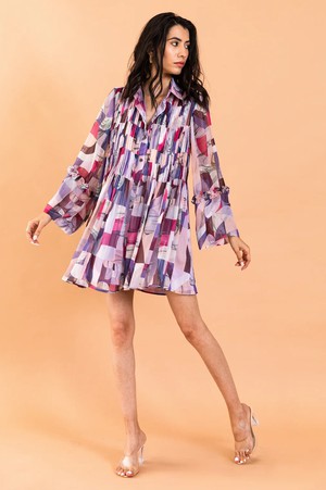 Pleated Chiffon Shirt Dress - Soft Red & Violet from Urbankissed