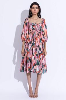 Flared Midi Dress with Balloon Long Sleeves- Pink & Faded Green via Urbankissed